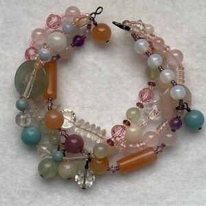 Vintage Boho Pink Gemstone Crystal Beaded Layered Bracelet